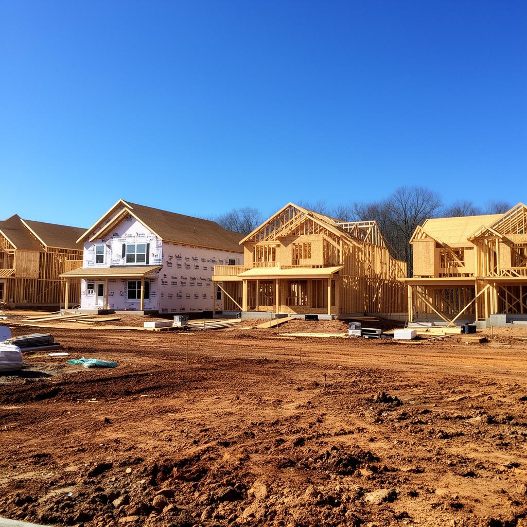 New construction homes being framed on a cleared development site