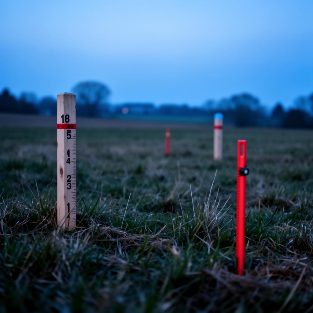 Surveyor stakes marking property boundaries on undeveloped land